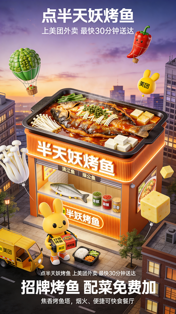 C4D风格海报烤鱼立体门店促销海报设计