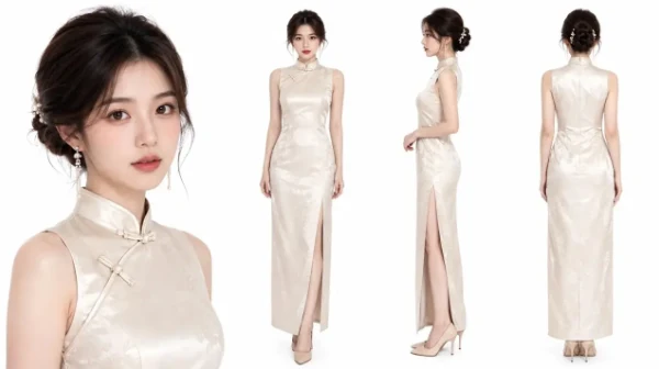 新中式优雅白色旗袍礼服-ai真人服饰提示词分享