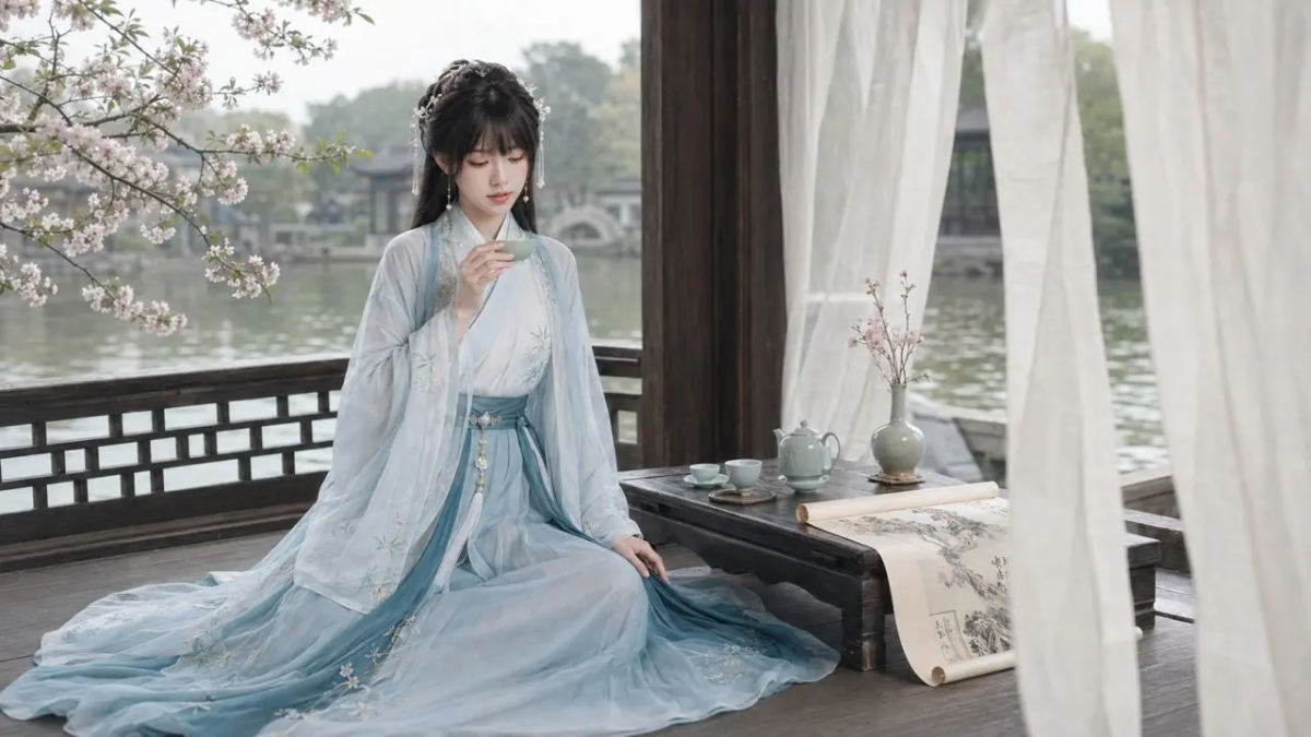 你的古风妹妹来咯,青黛花影汉服-ai真人服饰及写真生成提示词分享