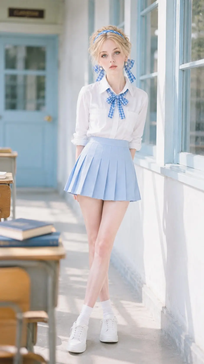蓝格清甜学院制服-ai真人服饰提示词分享