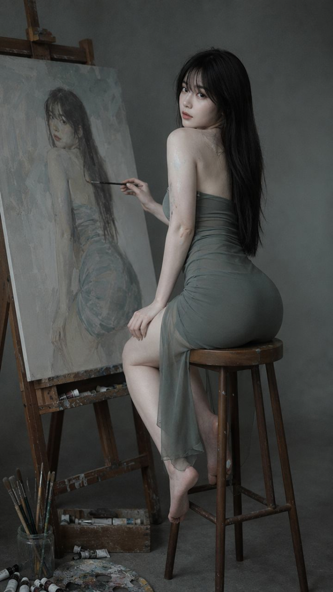 未完成的自画像:灰绿艺术画室少女高级写真