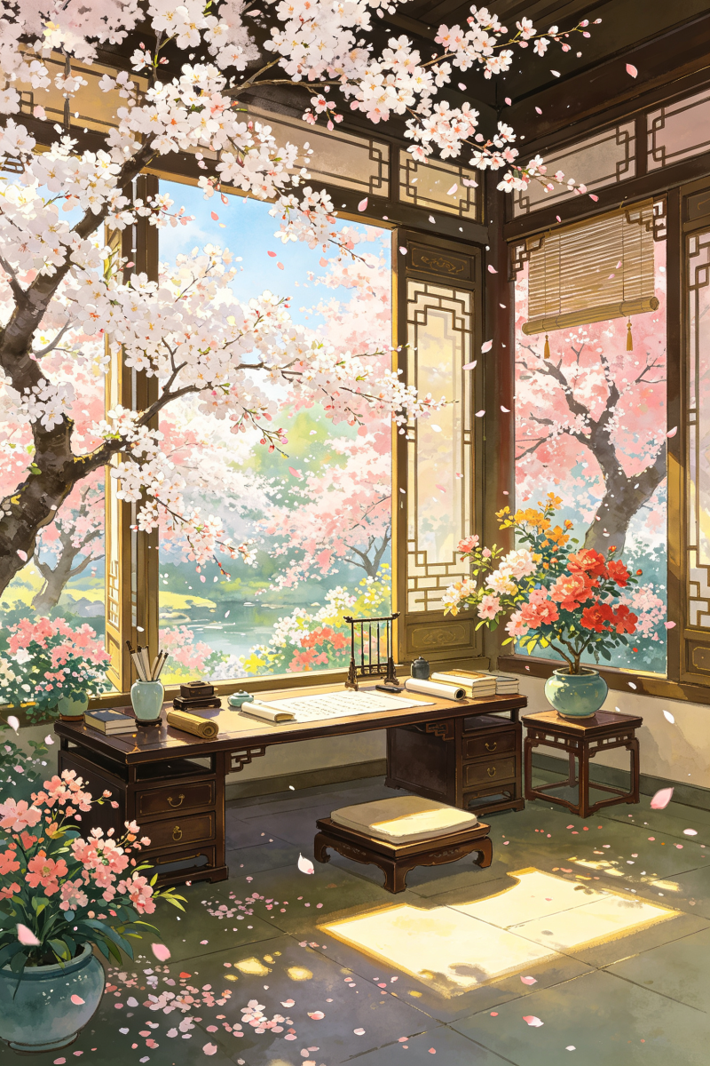 古风插画，水彩水粉的绘画风格