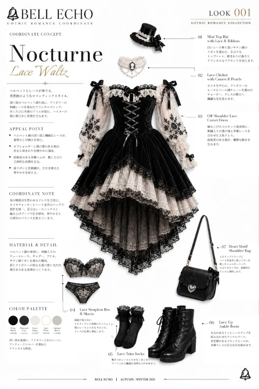 (4) 鈴音🔔@Suzuna_japanese_AI_girls on X: "🔔Prompt: off-shoulder corset dress, black velvet-like structured bodice with matte finish, fitted waist, flared layered skirt, wide off-shoulder neckline trimmed with scalloped ivory lace ruffle and black lace edging, front corset-style gray ribbon lacing through black" / X