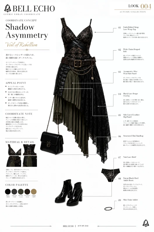(4) 鈴音🔔@Suzuna_japanese_AI_girls on X: "🔔Prompt: Overall: A dark gothic–urban outfit with a fitted sleeveless upper section, a belted waist, and an asymmetric layered skirt. Upper body: A black and charcoal semi-sheer patterned lace or mesh wrap-style top with a deep V neckline. The front is gathered diagonally," / X