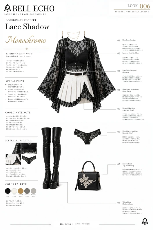 (4) 鈴音🔔@Suzuna_japanese_AI_girls on X: "🔔Prompt： Overall: A monochrome romantic-gothic outfit with a cropped lace top, high-waisted pleated mini skirt, sheer lace outer layer, and tall platform boots. Upper body: A black cropped camisole or bralette-style top with narrow shoulder straps, a curved neckline edged in" / X