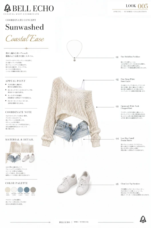(4) 鈴音🔔@Suzuna_japanese_AI_girls on X: "🔔Prompt: Overall: A relaxed summer casual outfit combining an oversized open-knit top, extremely low-rise distressed denim shorts, and clean white sneakers. The silhouette is loose and airy above the waist and compact around the hips. Upper body: An ivory-to-white openwork" / X