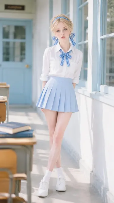 蓝格清甜学院制服-ai真人服饰提示词分享