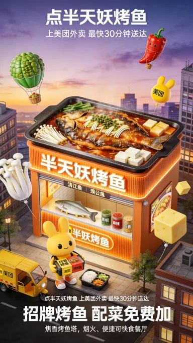 C4D风格海报烤鱼立体门店促销海报设计
